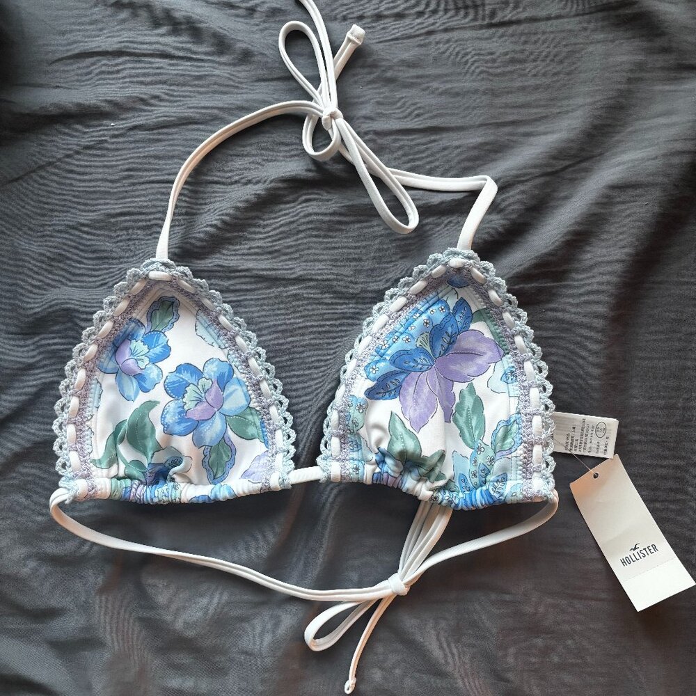 Hollister Floral Crochet-Style Trim Halter Triangle Bikini Top